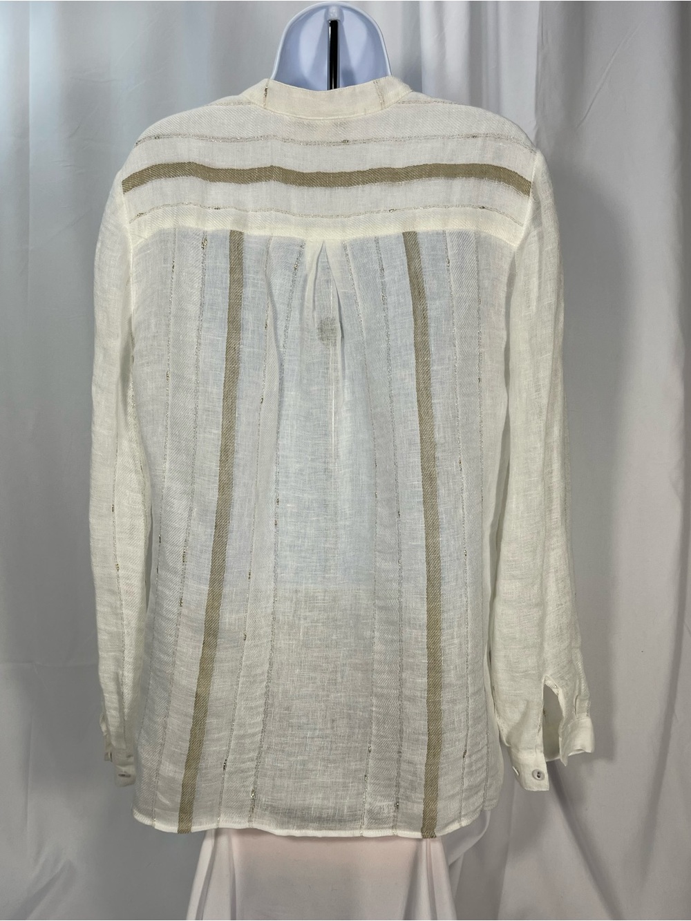 Etcetera Cream w/Gold Accents V neck Tunic. 97% Linen Blend. Flowy sophisticated - Picture 6 of 8